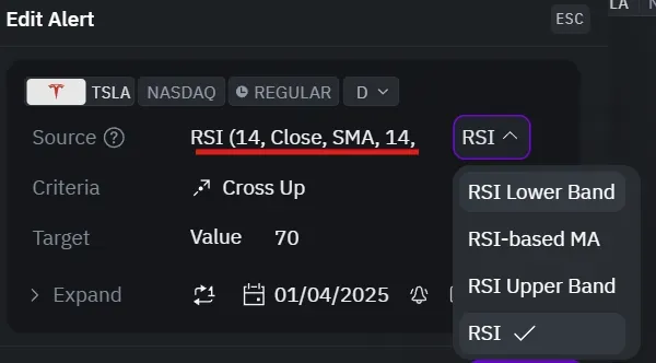 Here, the source for the alert is the RSI indicator, specifically its value, but you can choose other parameters from the dropdown list as the value.